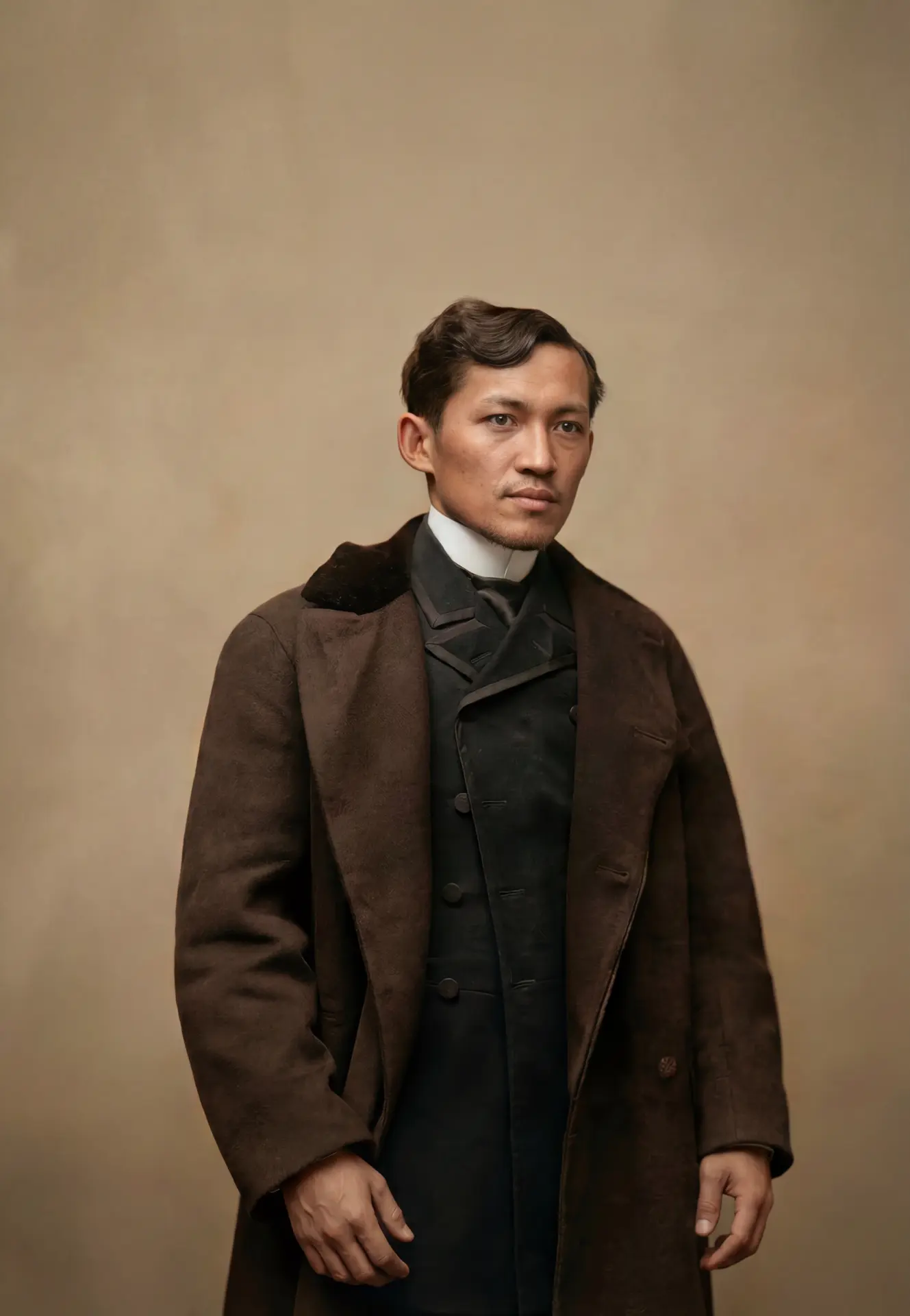 Full-length sepia portrait of Dr. José Rizal in a dark greatcoat