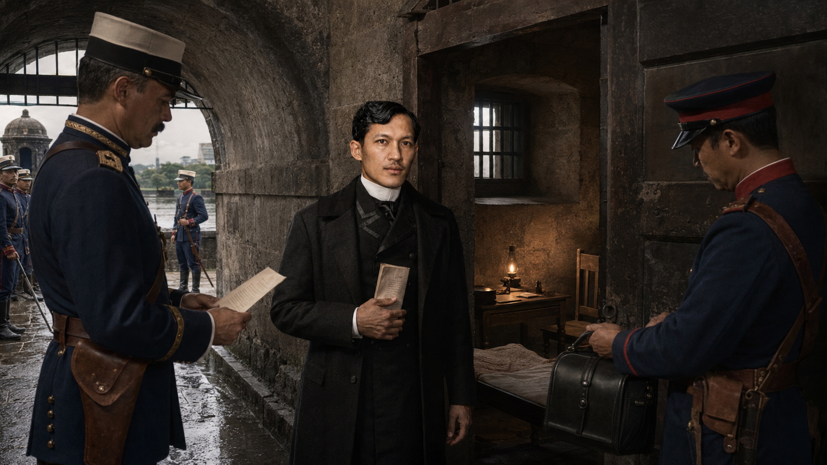 Rizal escorted by Spanish officers at Fort Santiago