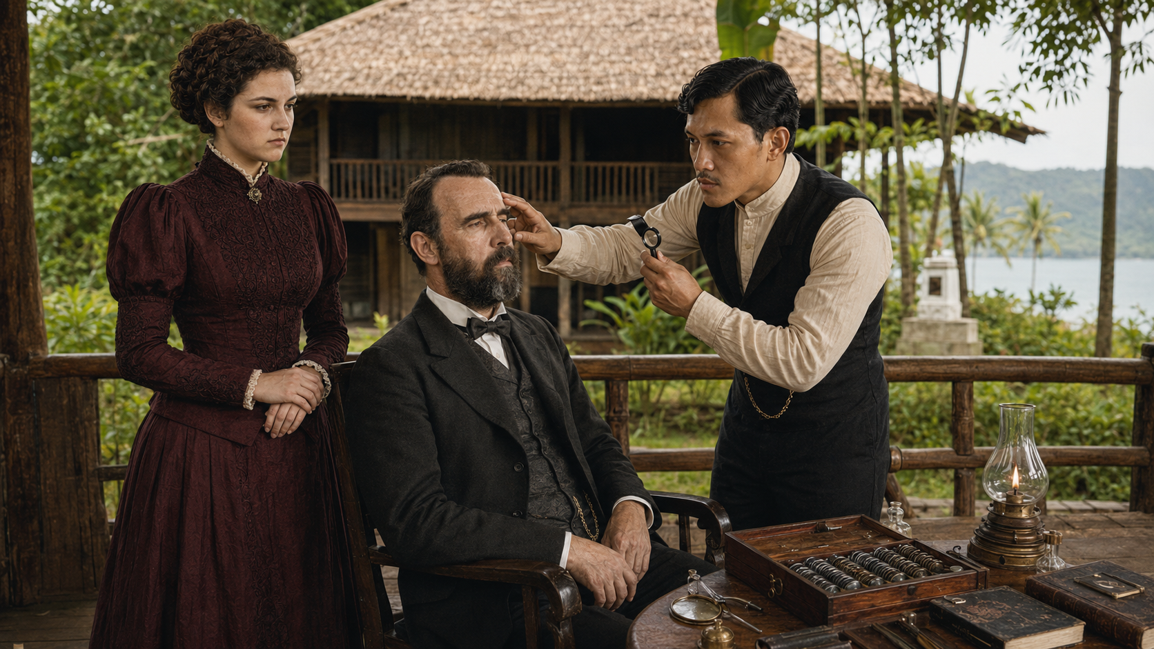 Rizal examining a patient's eye on a Dapitan veranda