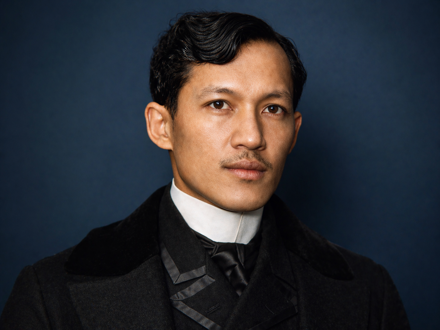Portrait of José Rizal in a dark greatcoat and high collar
