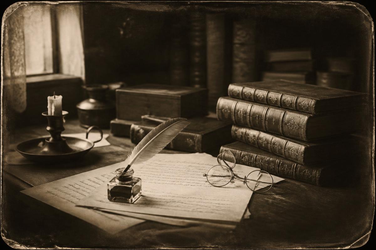 Antique writing desk with quill, inkwell, spectacles and manuscript pages
